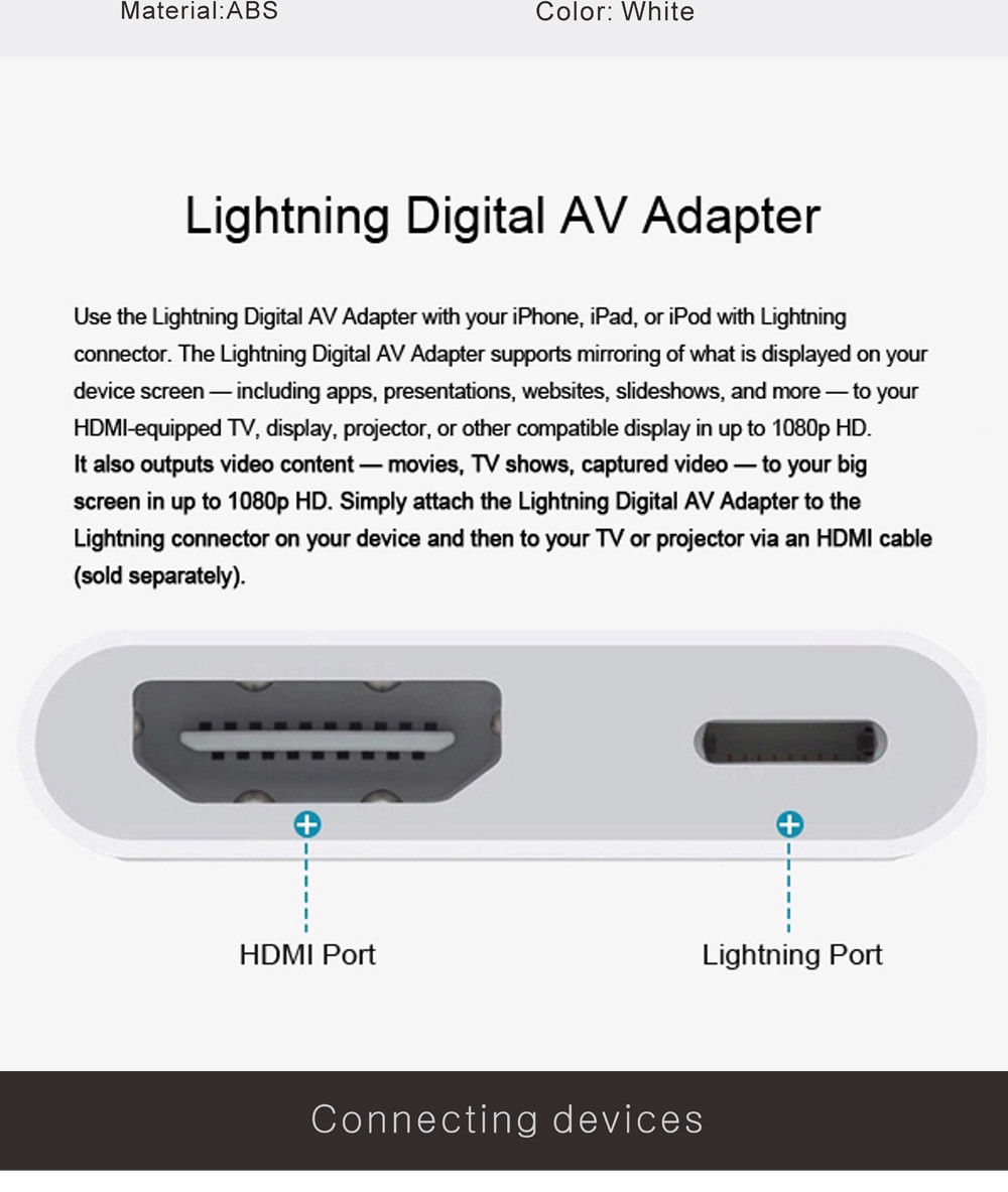 1080P 6ft 8 Pin Apple Interface to HDMI TV AV Adapter Cable for iPhone 6 6S  7 8 Plus X